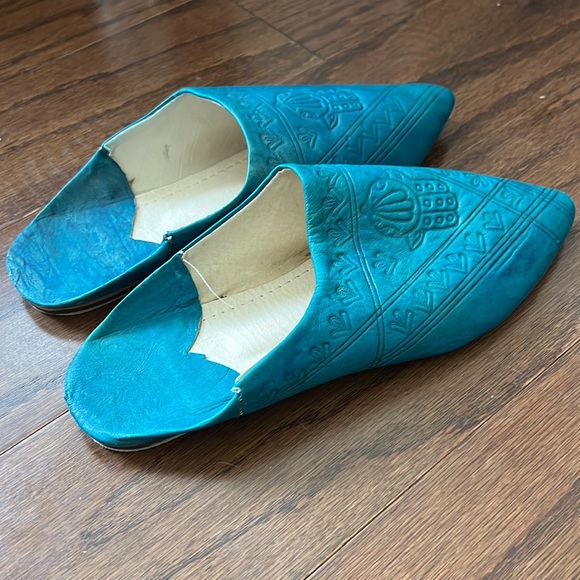 Teal Vrai Cuir Moroccan Hamsa Hand Mules handmade slipper size 7/8 - Picture 4 of 5
